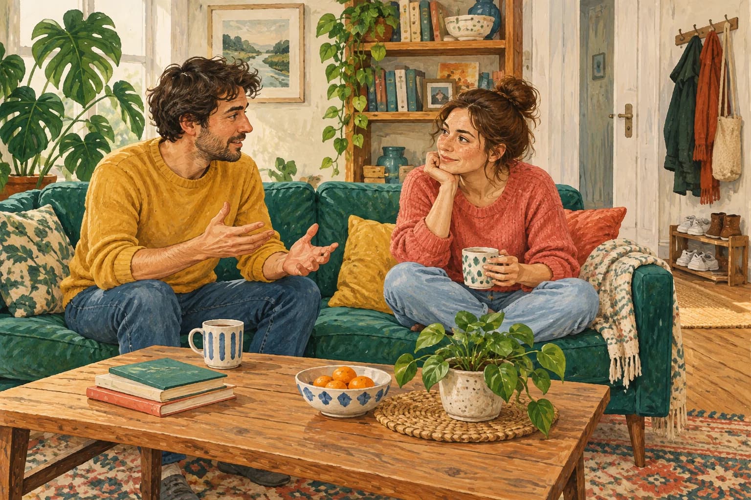 Two adult flatmates talk in a shared living room with a sofa, table, plant and shelf.