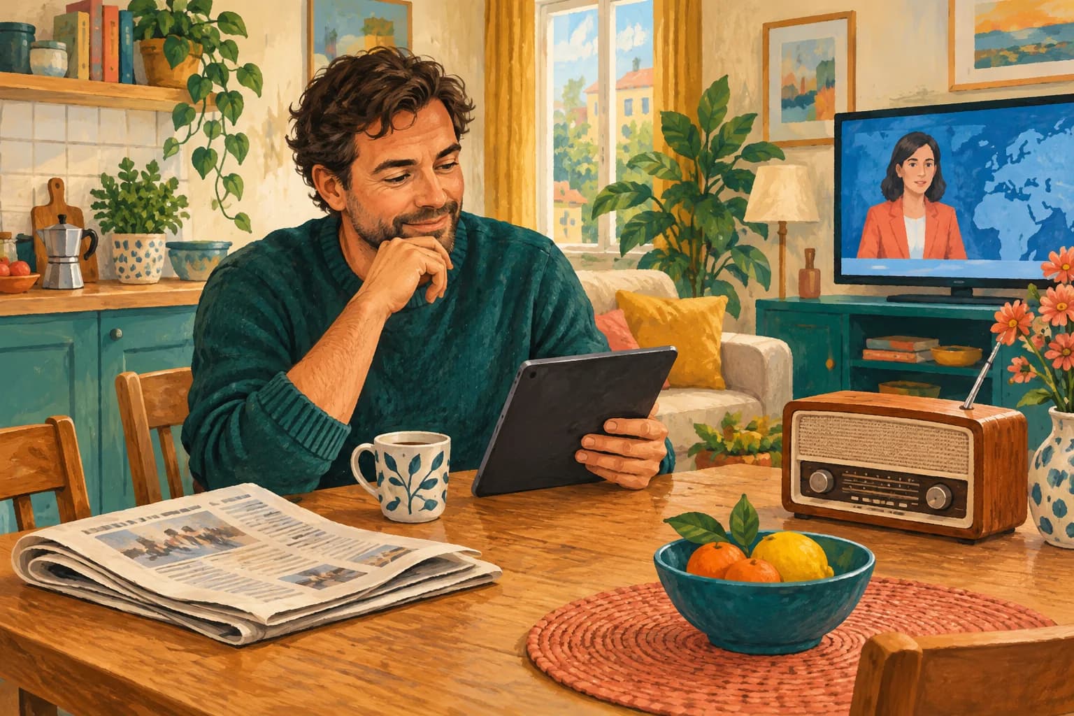 Gouache illustration of an adult at a kitchen table with a radio, folded newspaper, tablet and television in the background, without readable logos.