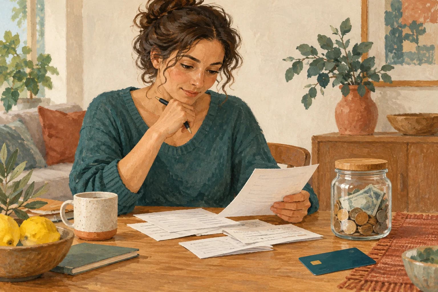 An adult reviews a household budget beside a savings jar and an unlabelled bank card.