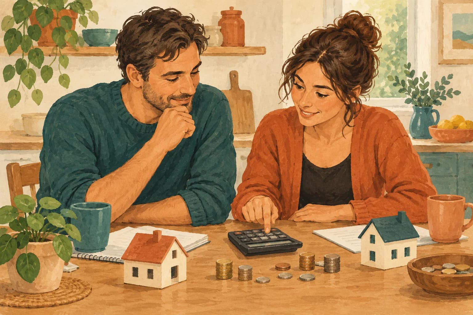 Two friends compare hypothetical household expenses using a calculator and coins.
