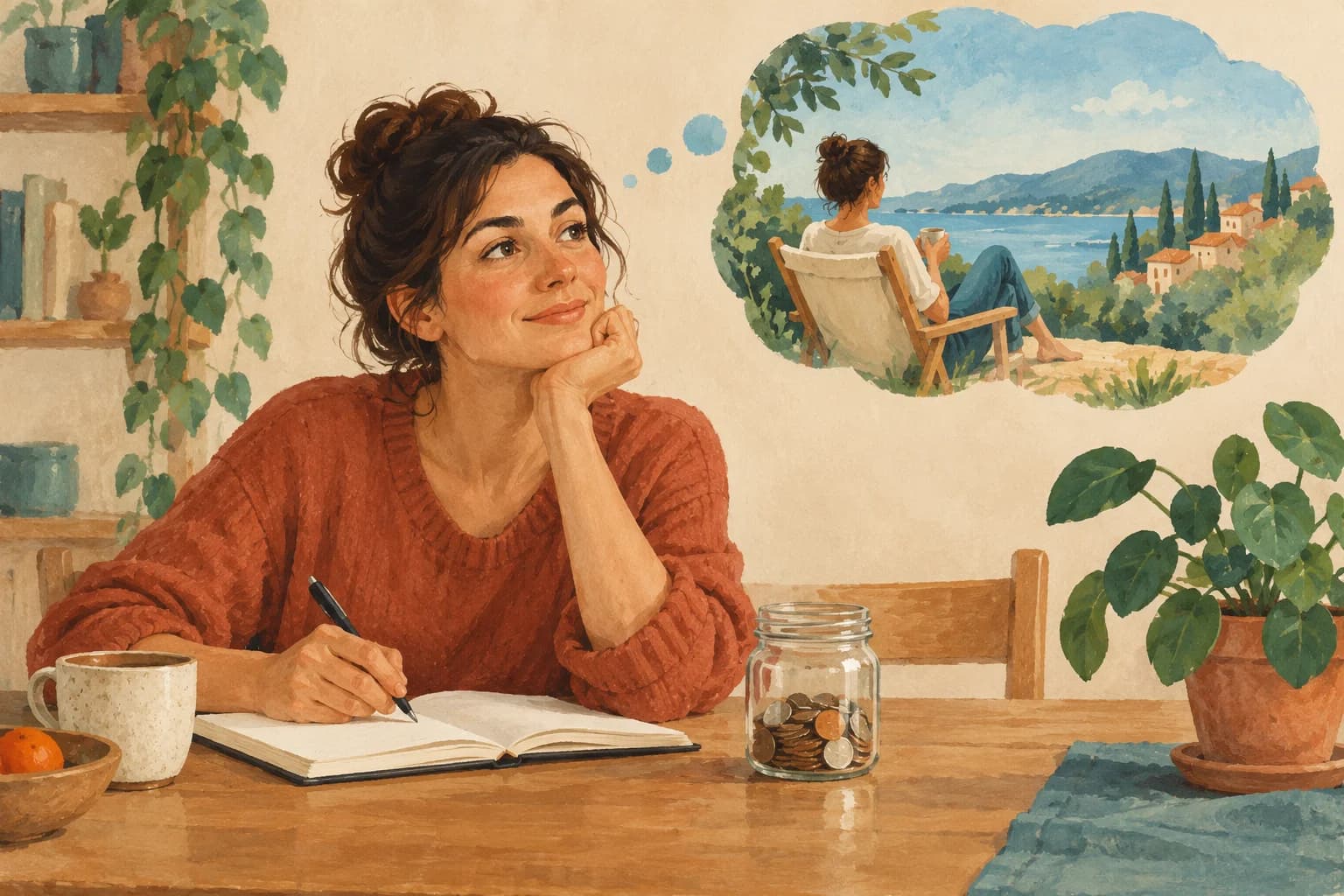 A learner imagines a simpler budget while writing beside a small jar of savings.