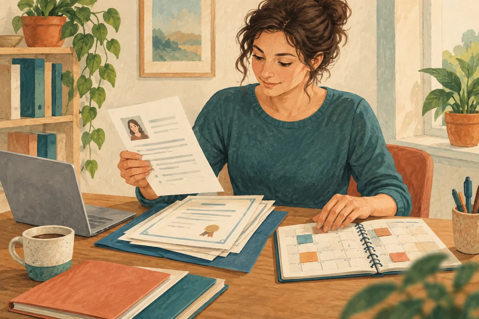 An adult organises a CV with certificates and a calendar on a desk.