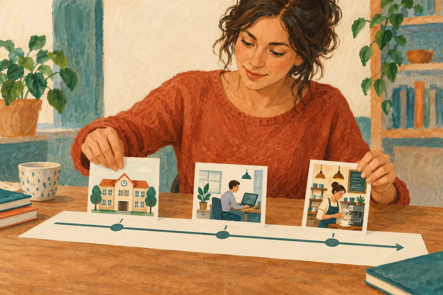 A learner arranges cards representing school, an internship and a café job along a paper timeline.