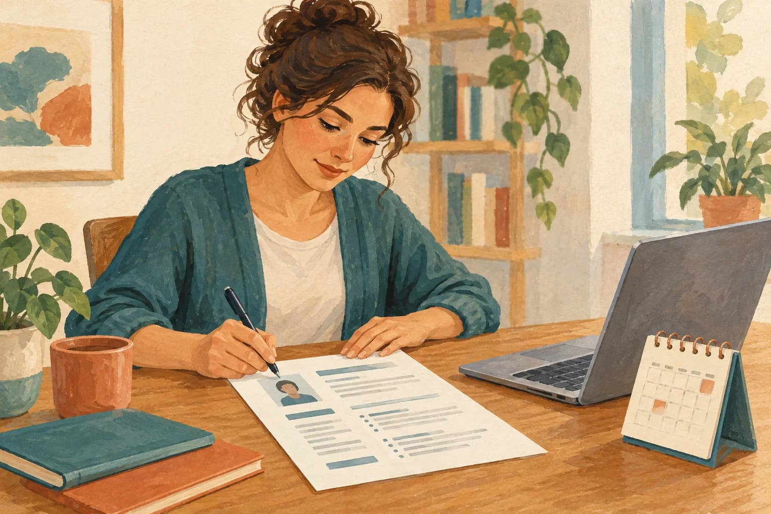 An employee adds recent experience to a CV beside a laptop and a small desk calendar.