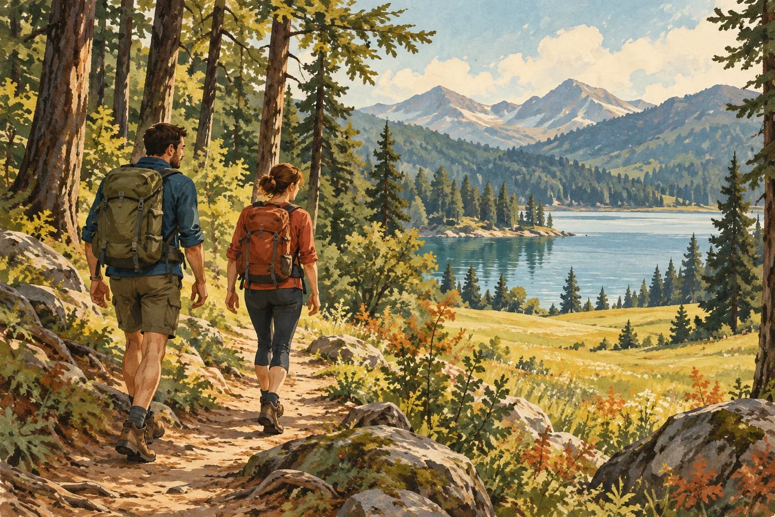 Two hikers follow a trail through a forest toward a lake and a meadow.