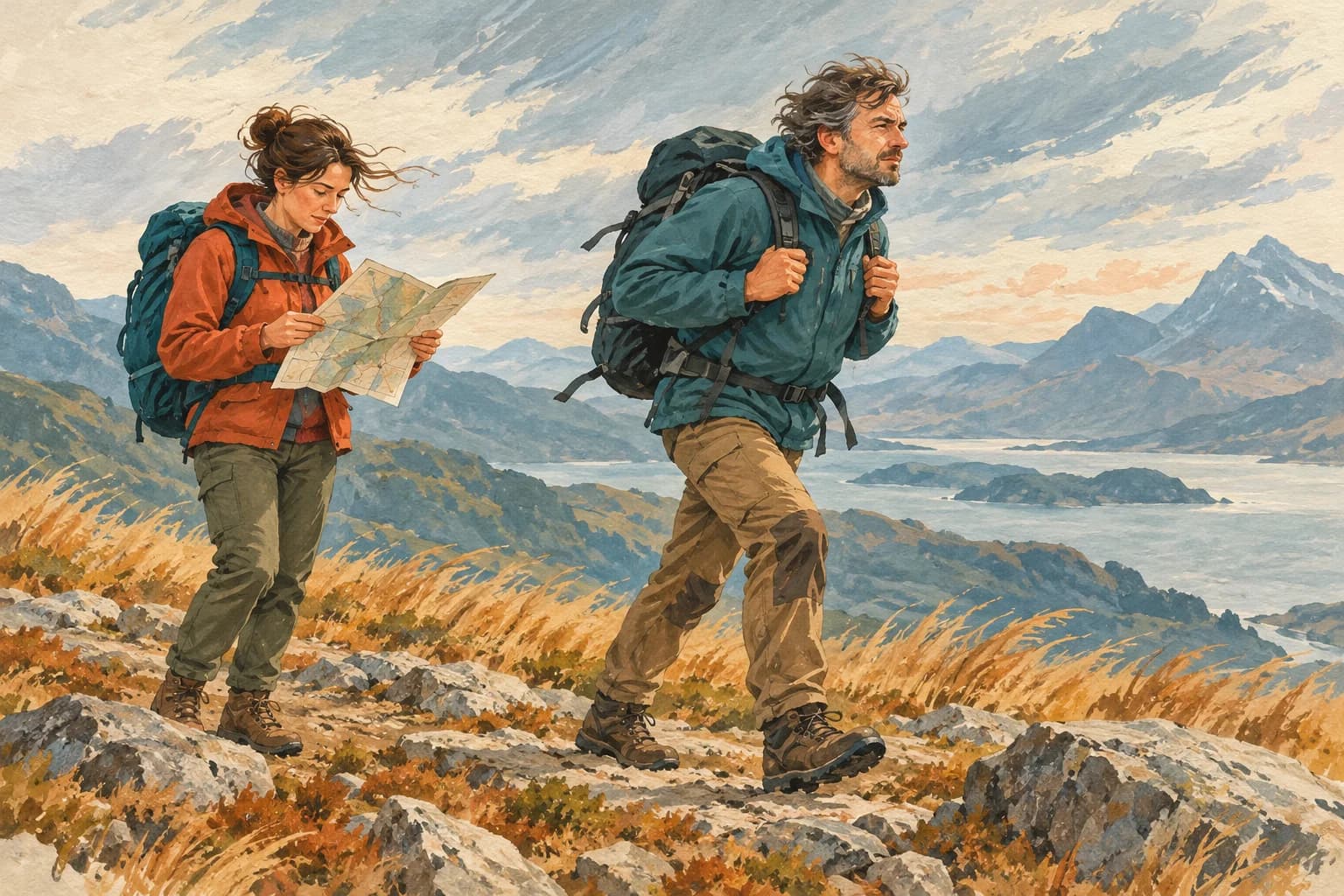 A hiker with a backpack walks into the wind while a companion checks a paper map.