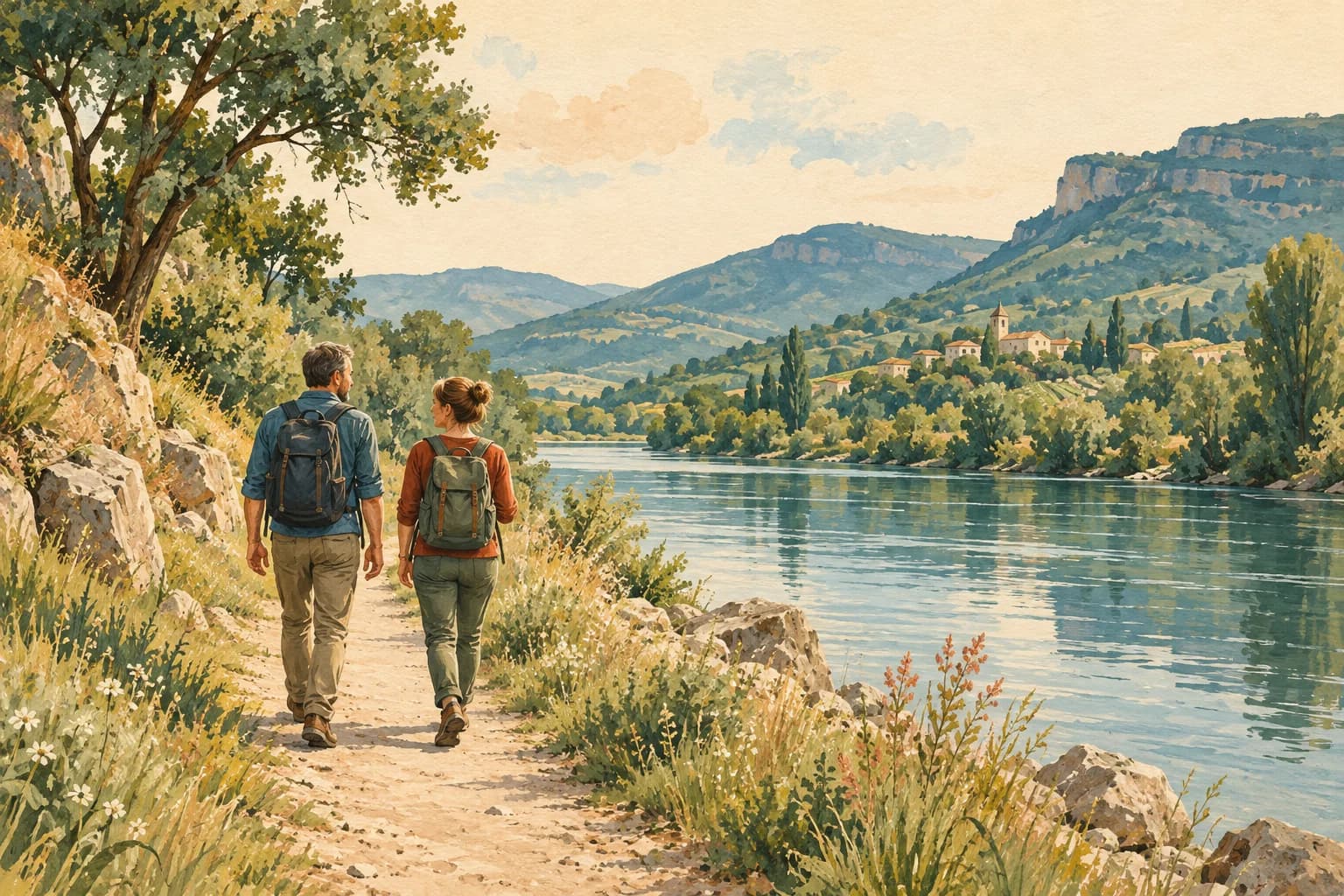 A footpath follows a river toward distant hills, with two walkers near the water.
