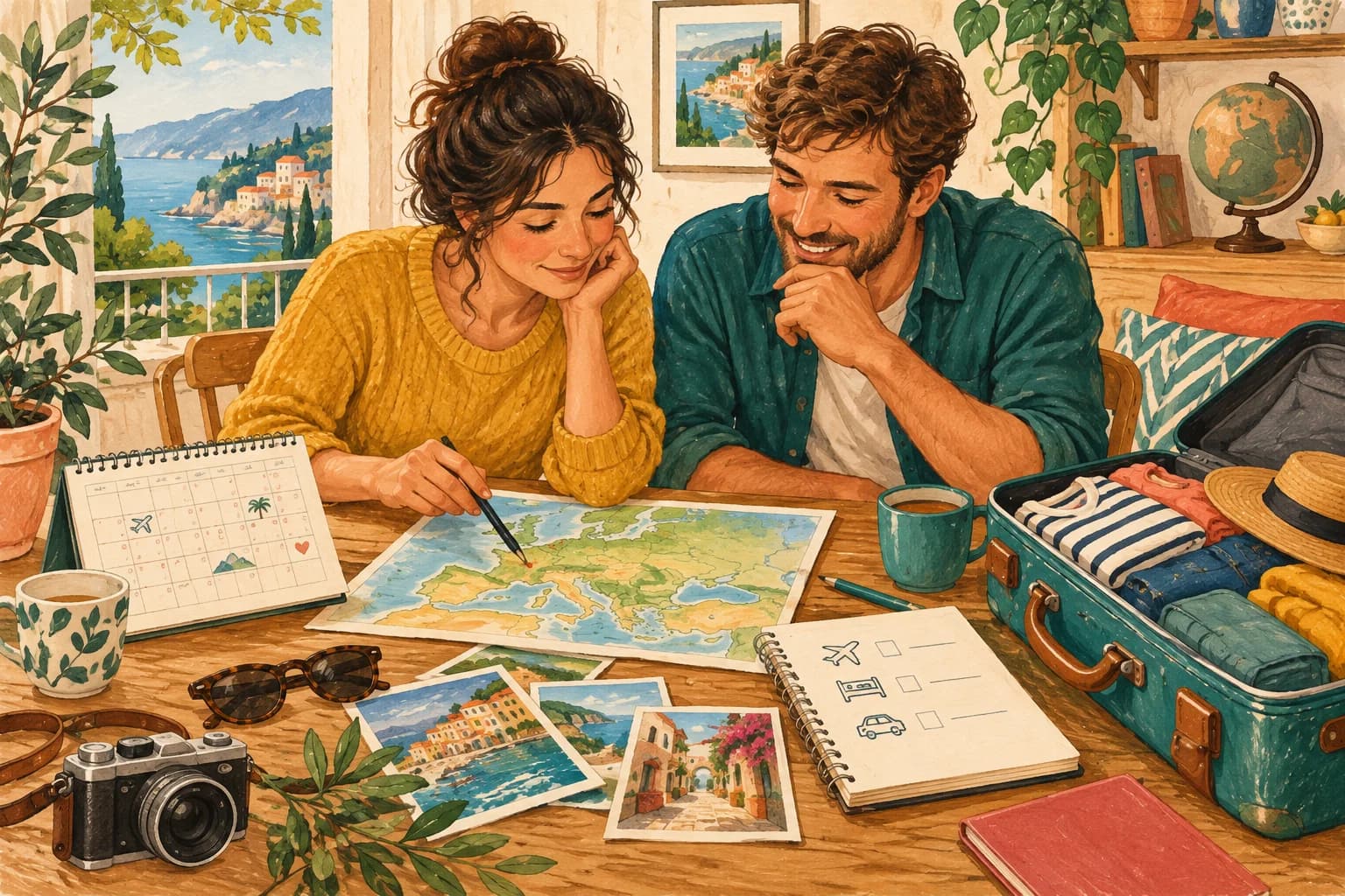 Gouache illustration of two adults planning a holiday at a table with a calendar, a simple map, a booking notebook and an open suitcase.
