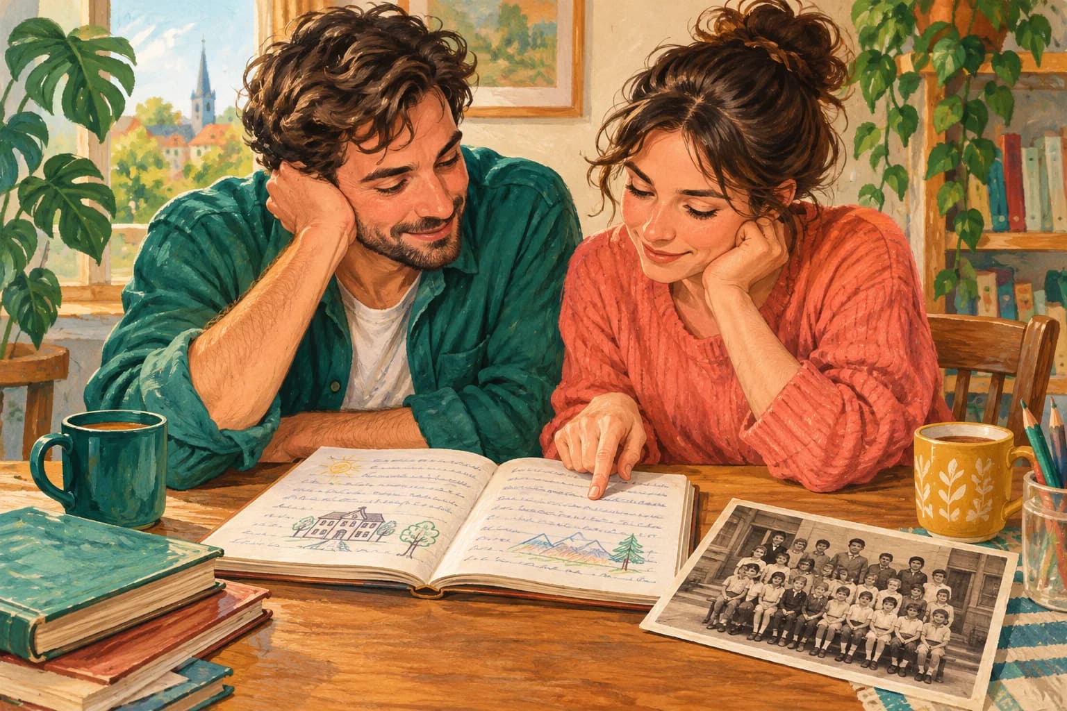 Two adults look at a school photo beside notebooks, a ruler and a small classroom chalkboard.