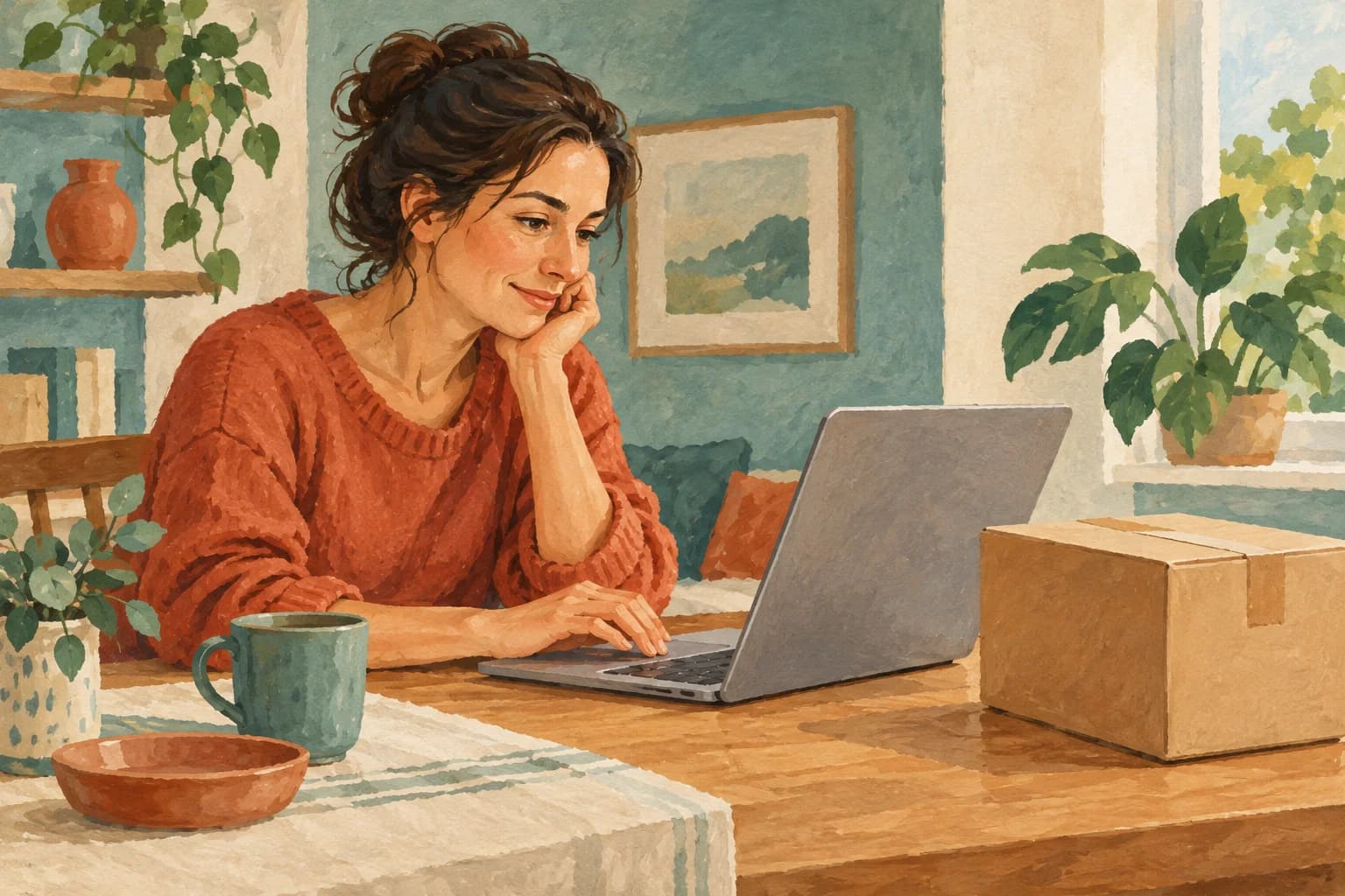An adult browses an online shop on a laptop beside a parcel.