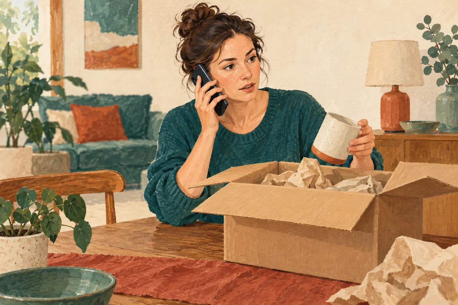 A customer phones support while checking the contents of a delivery box.