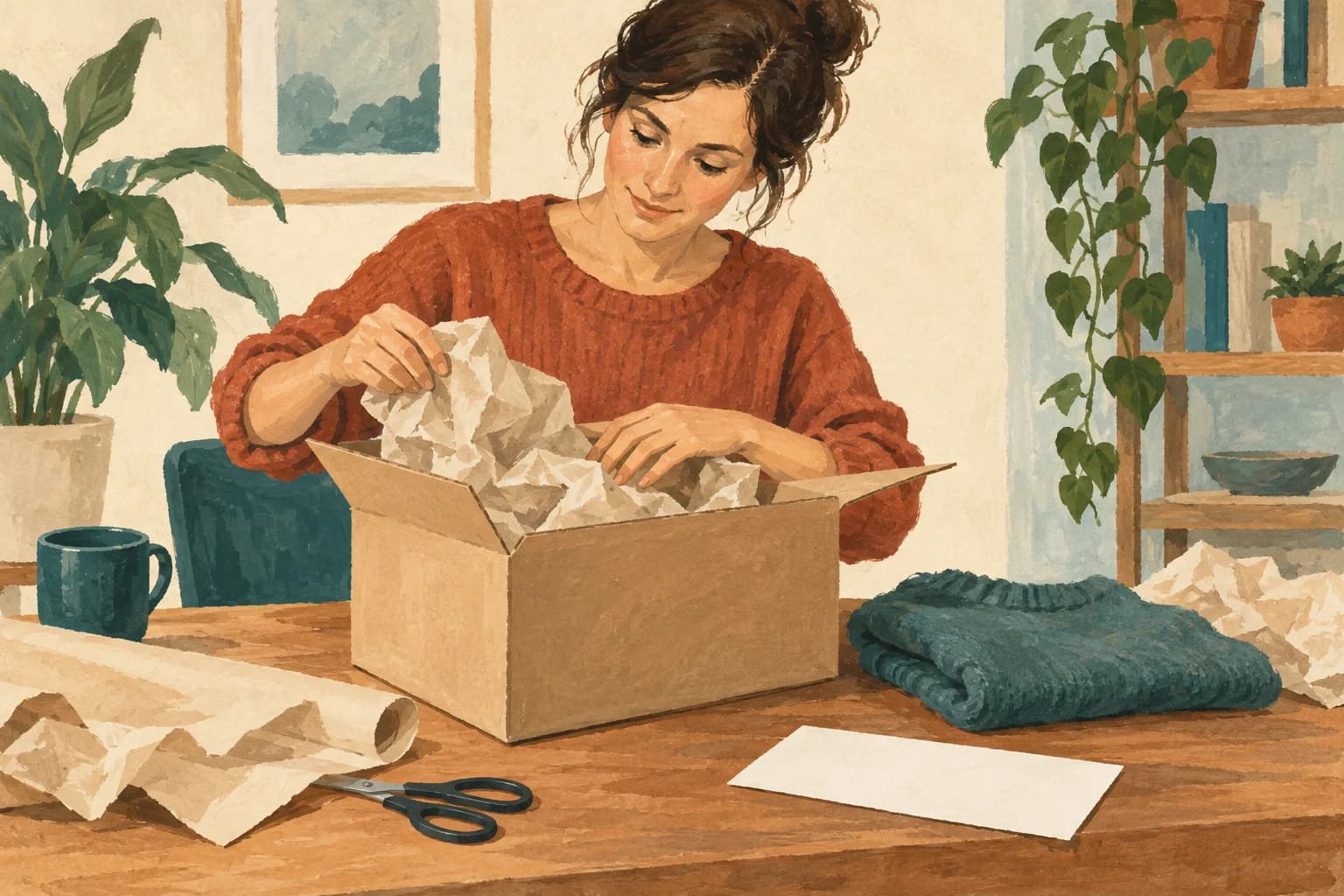 An adult prepares a parcel for return, with packing paper and a blank return slip.