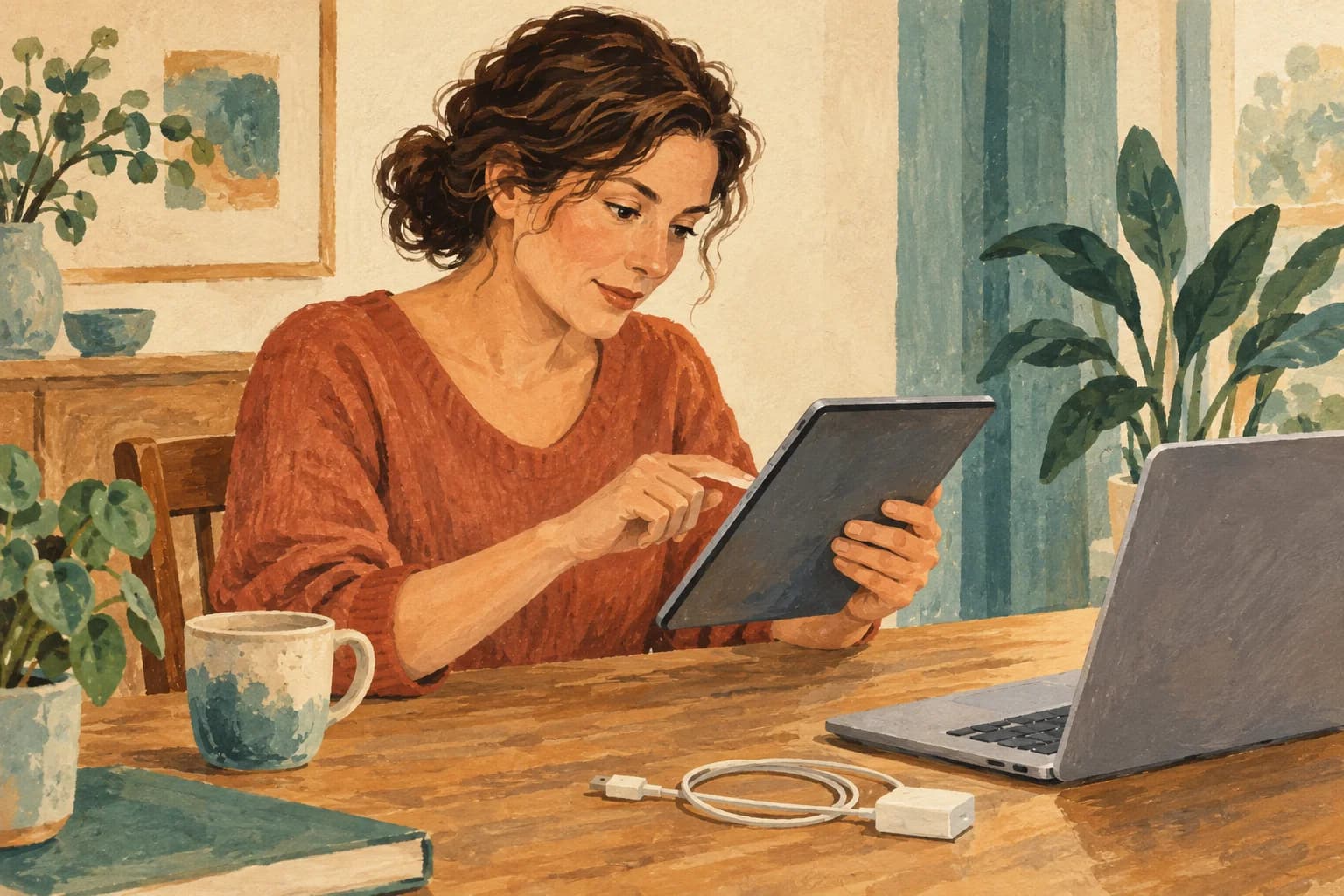 An adult tries to open an app on a tablet beside a laptop and a charging cable.