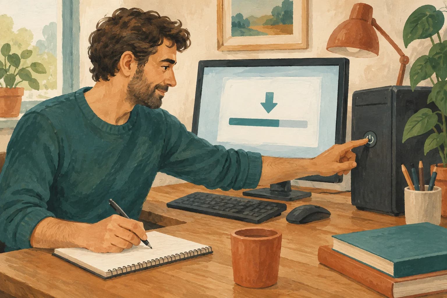 A learner checks a computer's power switch and download screen while making notes.