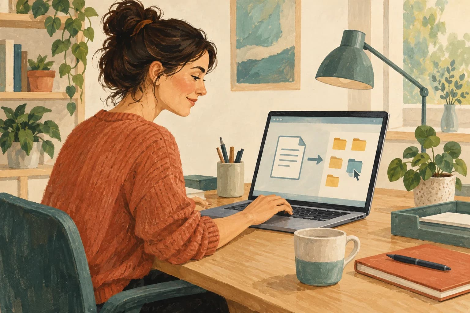 An adult saves a document and organises files on a laptop in a quiet workspace.