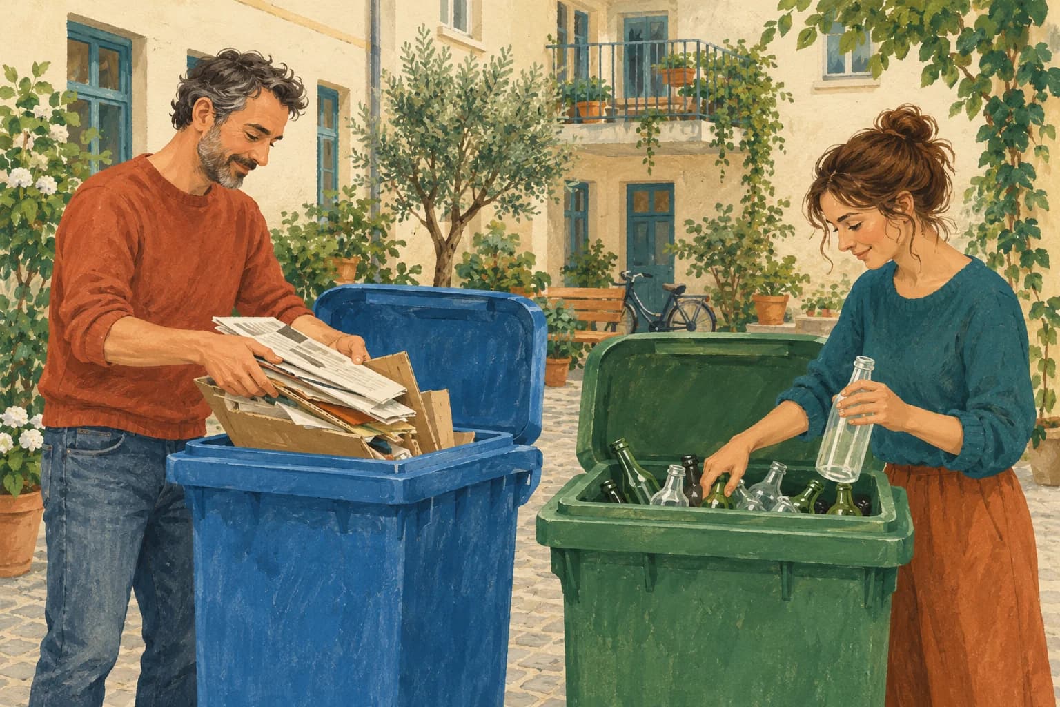 Residents sort paper and glass into separate recycling containers in a courtyard.