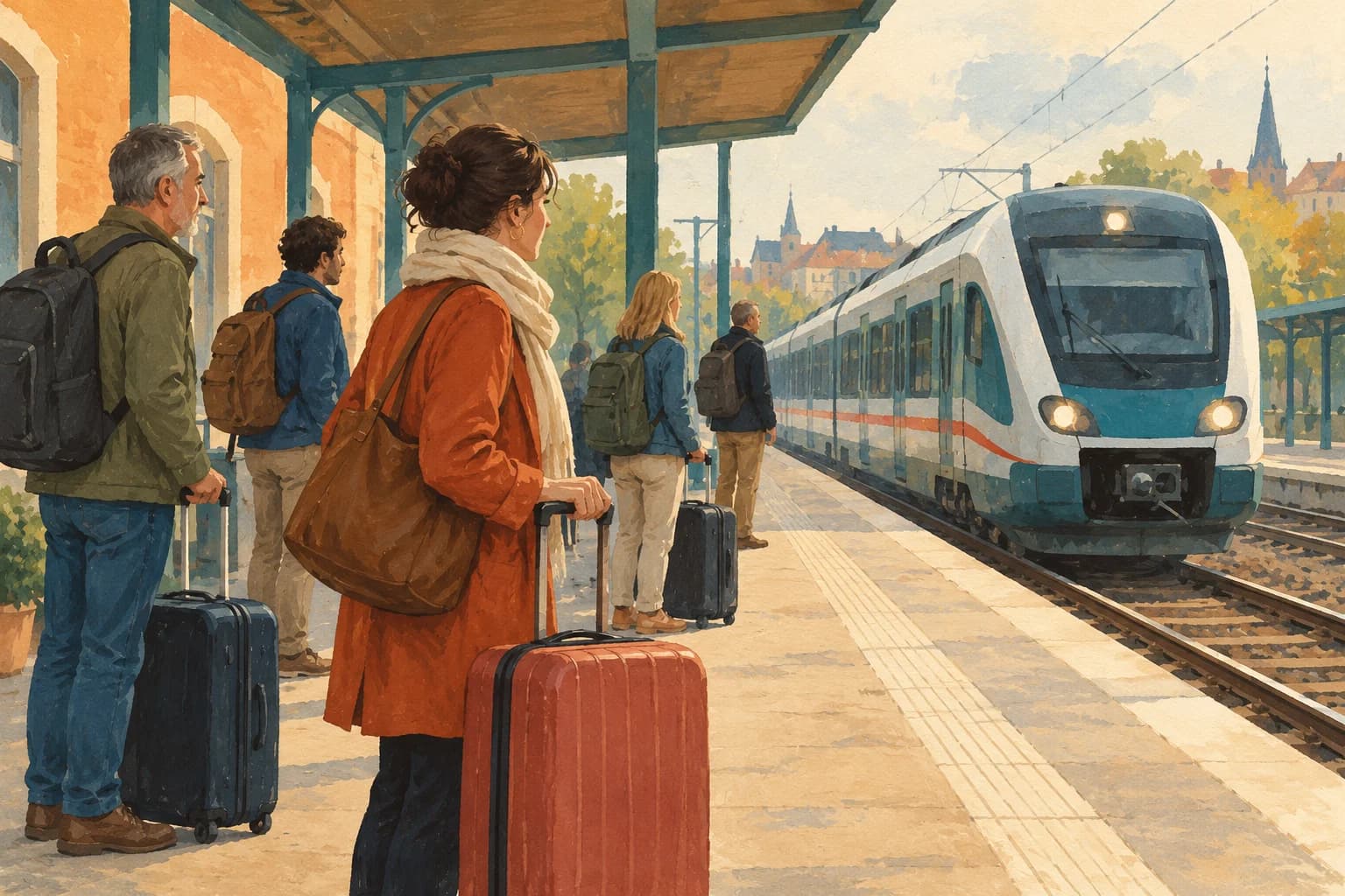 Passengers with suitcases wait on a railway platform while a train arrives.
