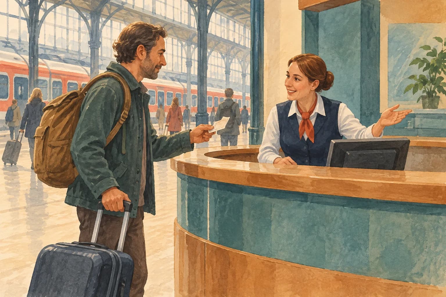 An adult traveller approaches a station information counter with a bag and a ticket.