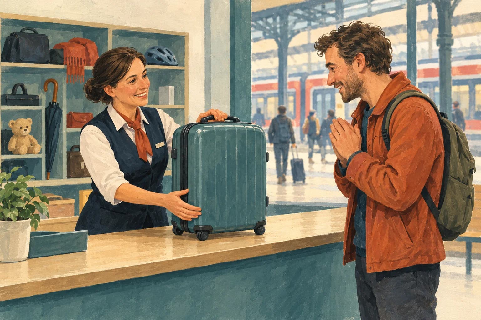 A station employee shows a relieved traveller a recovered suitcase at a lost property desk.