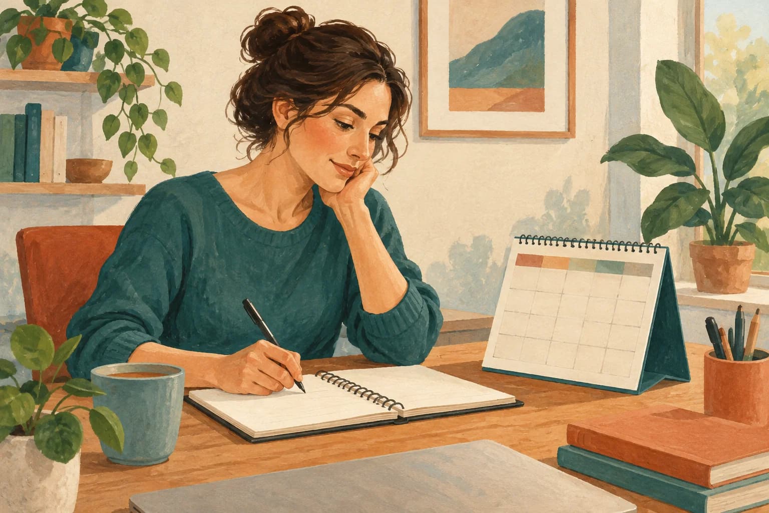 An employee plans next week's tasks with a notebook and a desk calendar.