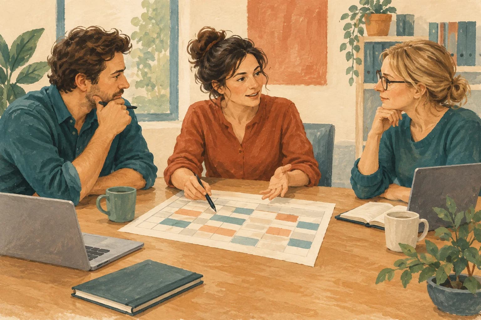 Three colleagues discuss a work schedule around a meeting table.
