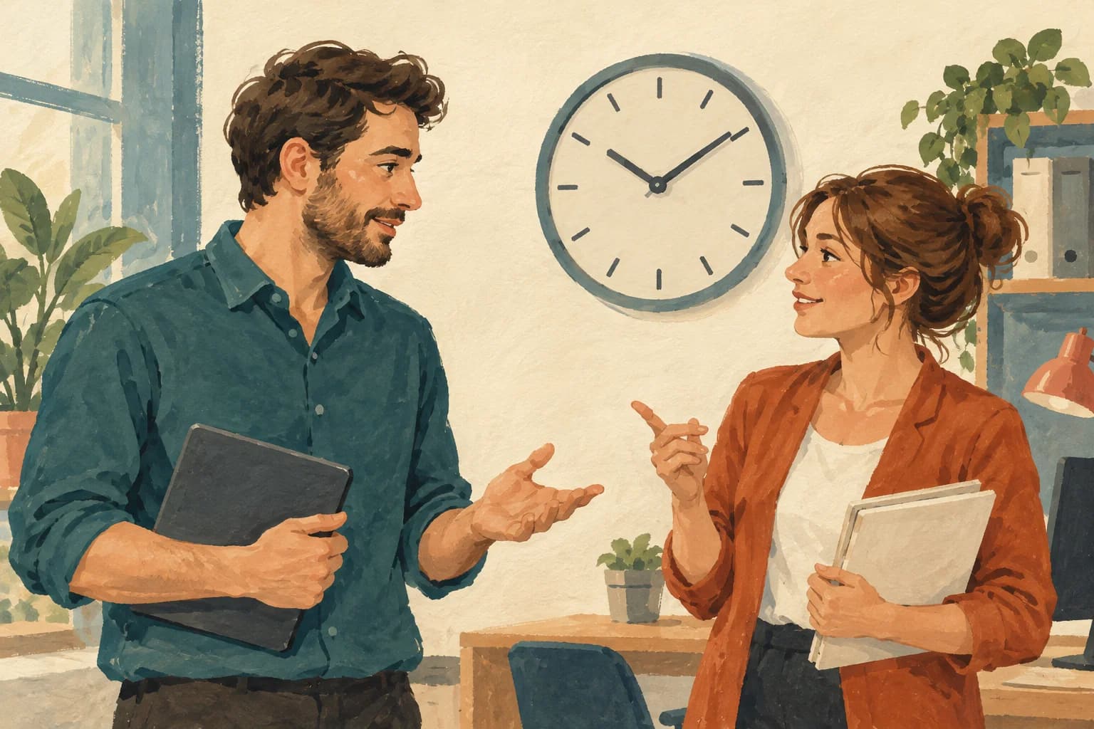Two colleagues discuss tomorrow's working hours beside an office clock.