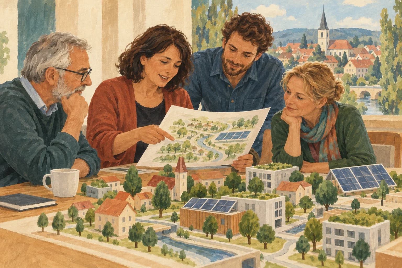 Residents review a fictional town's climate project report beside model buildings and solar panels.