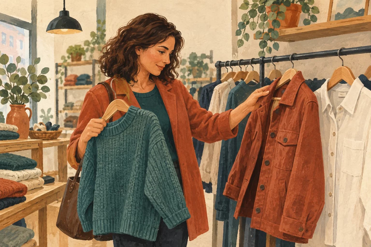 A shopper compares a jumper, a jacket and a shirt on a rail in a small shop.