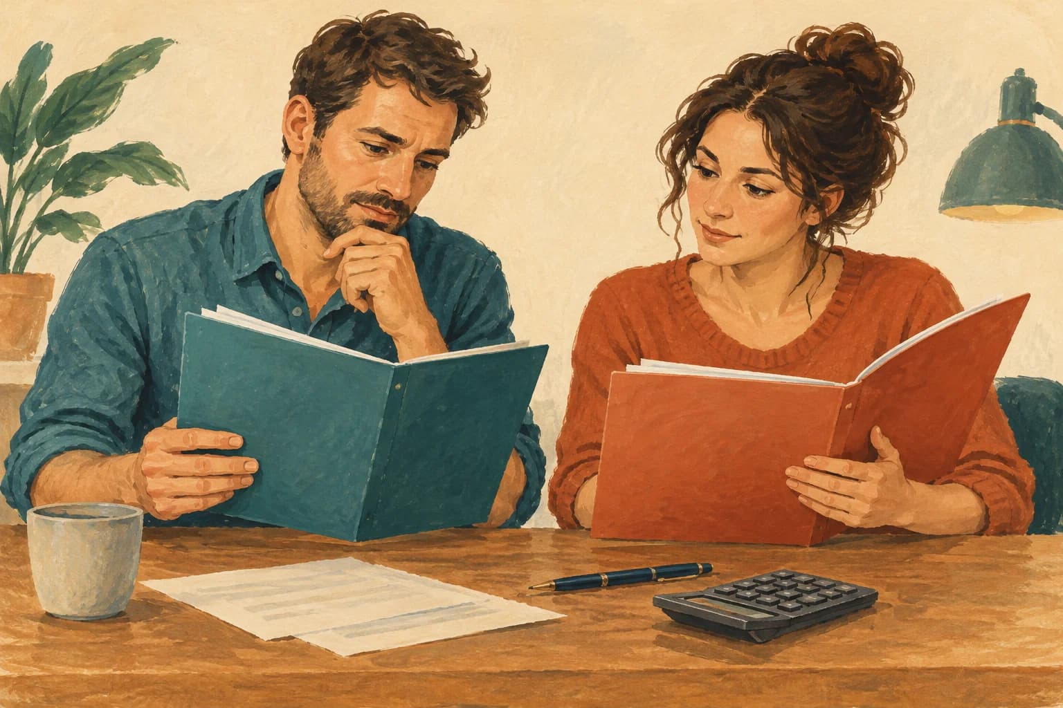 Two adults compare two fictional contract folders at a desk with a pen and calculator.