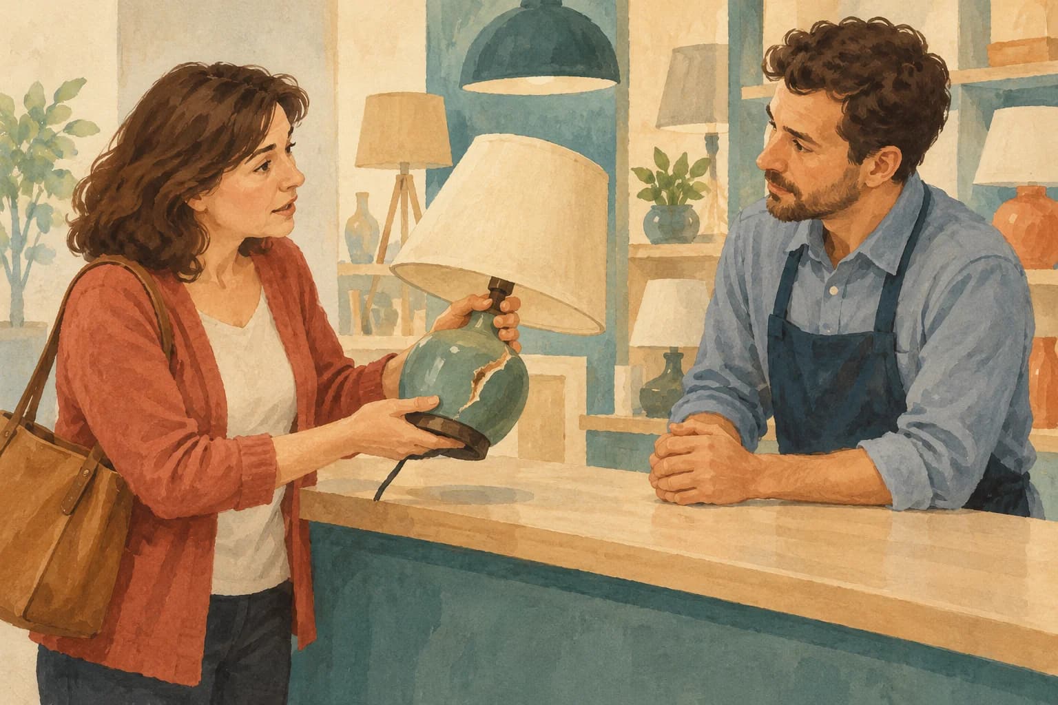 A customer shows a damaged lamp to a service representative across a counter.