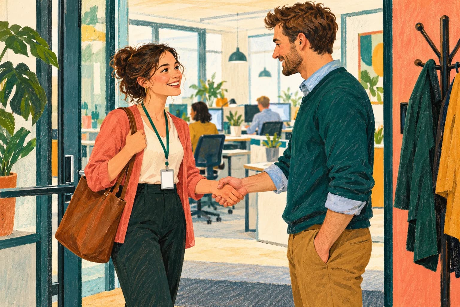 Gouache illustration of a new female employee greeting a male colleague at an office entrance, with a visitor badge, a coat rack and desks in the background.