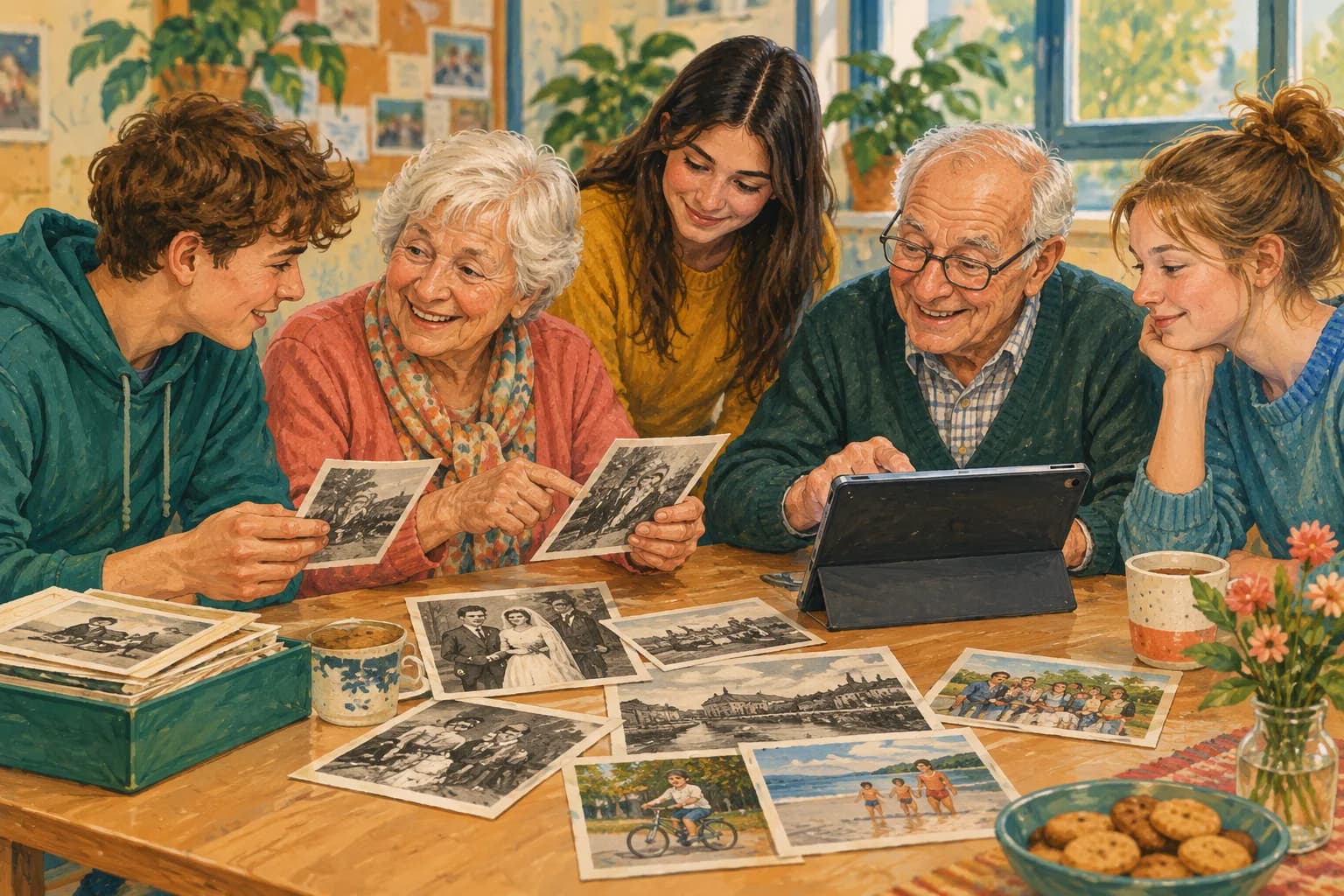 Teenagers and older adults sit together at a community-centre table, exchanging photographs and looking at a tablet.