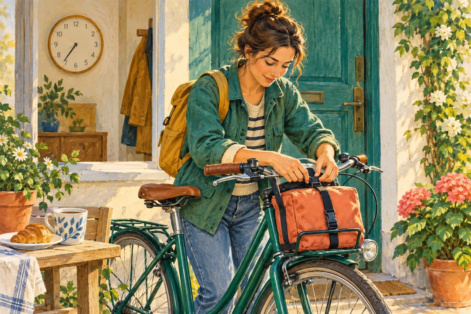 A woman prepares a bicycle by her front door in the morning while a wall clock and a breakfast cup sit nearby.