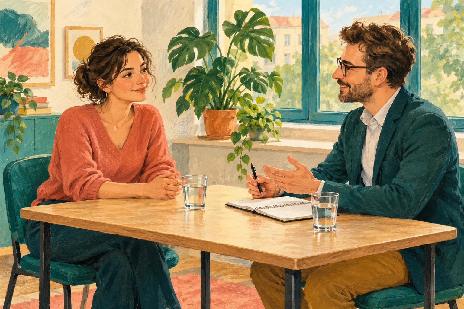 Gouache illustration of a woman and a male interviewer seated across a small meeting table, with a notebook, two glasses of water and a plant by the window.
