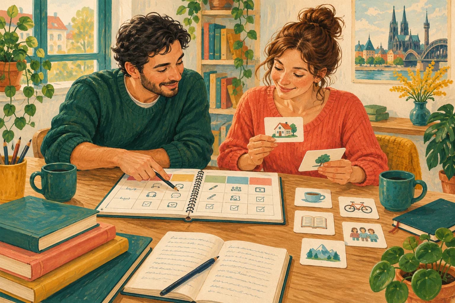 Gouache illustration of two adult learners at a shared study desk, one pointing to a weekly learning plan while the other practises with word cards.