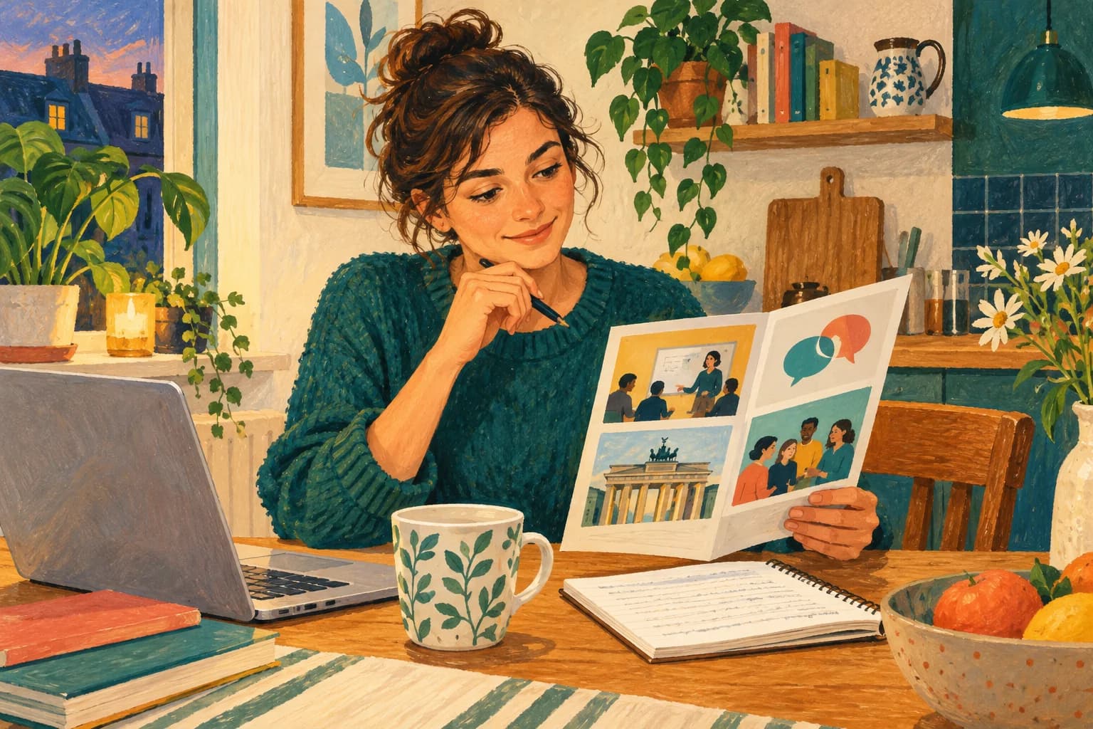 Gouache illustration of an adult learner choosing an evening course at a kitchen table, with a laptop, course leaflet, notebook and mug.