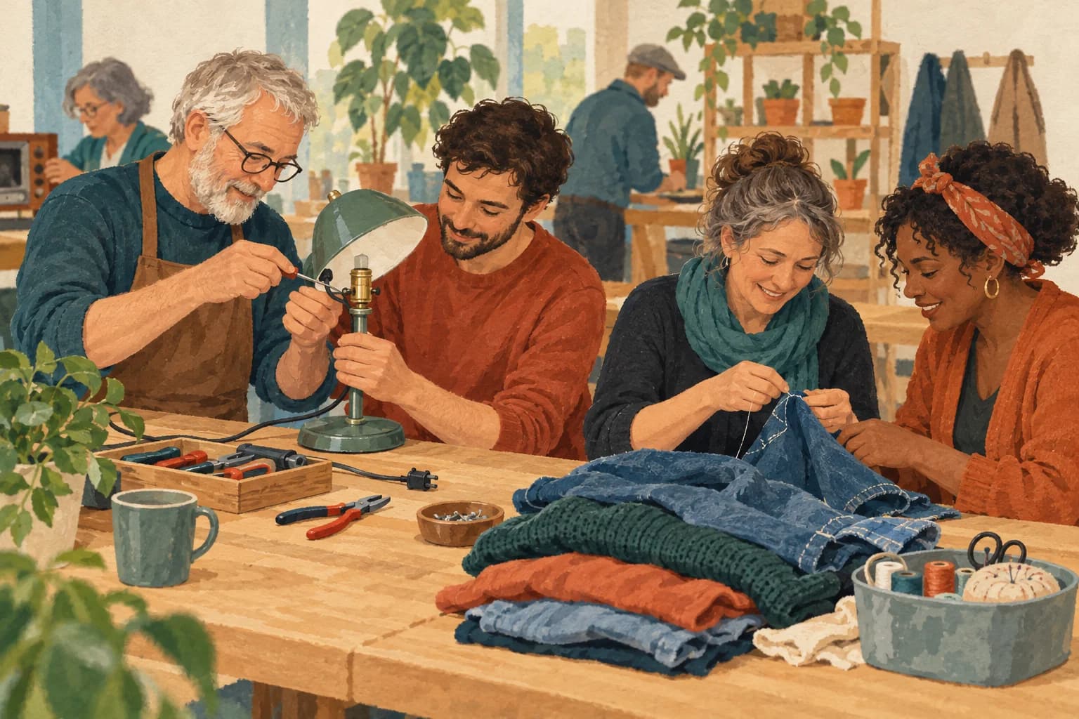 Volunteers repair a lamp and mend clothes together at a community repair café.