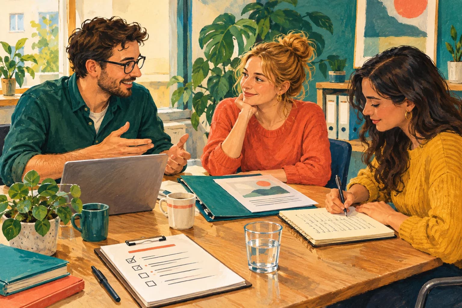 Gouache illustration of three colleagues around a meeting table, with a handwritten agenda, a proposal folder and a woman taking minutes in a notebook.