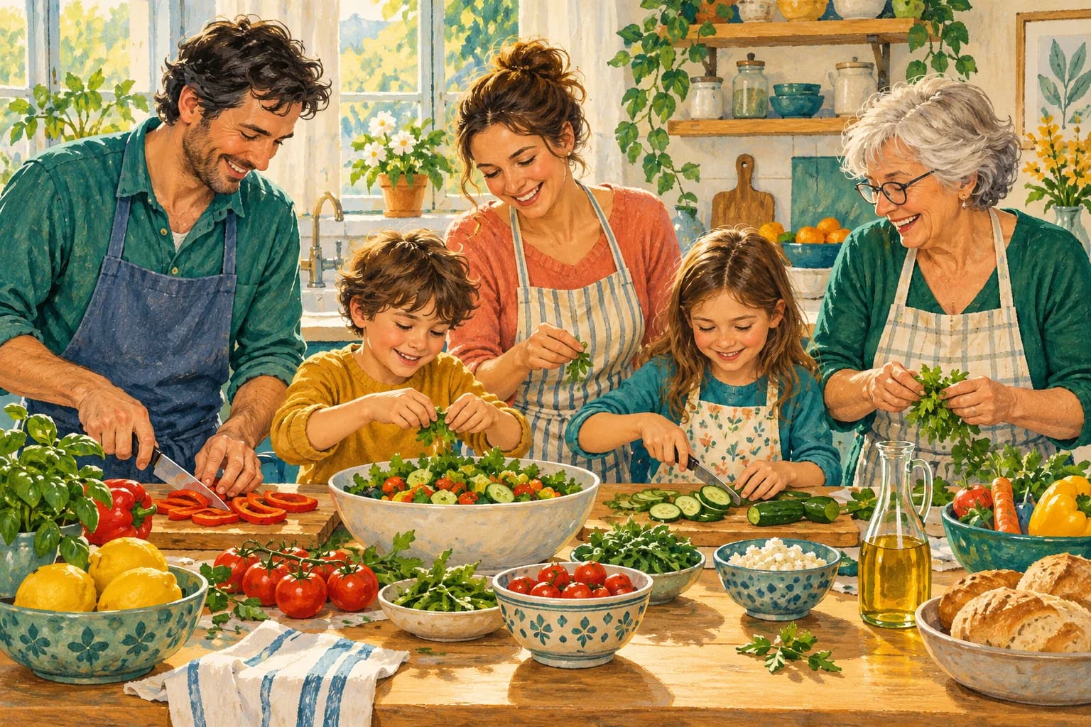 Two parents, a grandparent and two children prepare lunch together around a bright kitchen table.