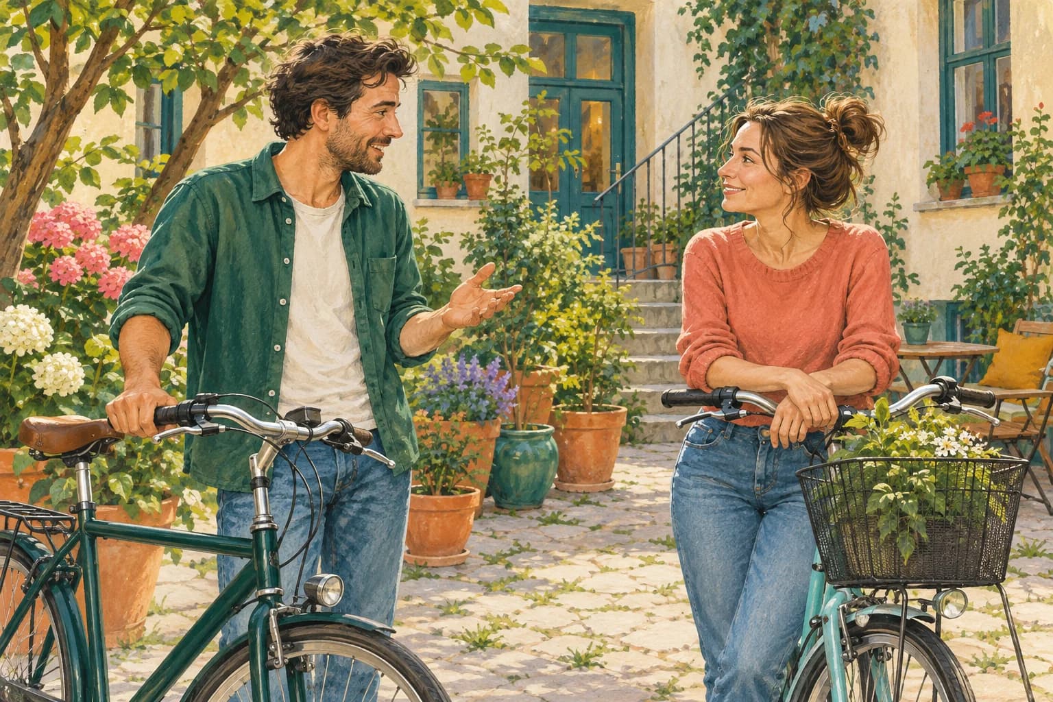 Two neighbours talk calmly beside bicycles and a row of plant pots in a shared apartment courtyard.