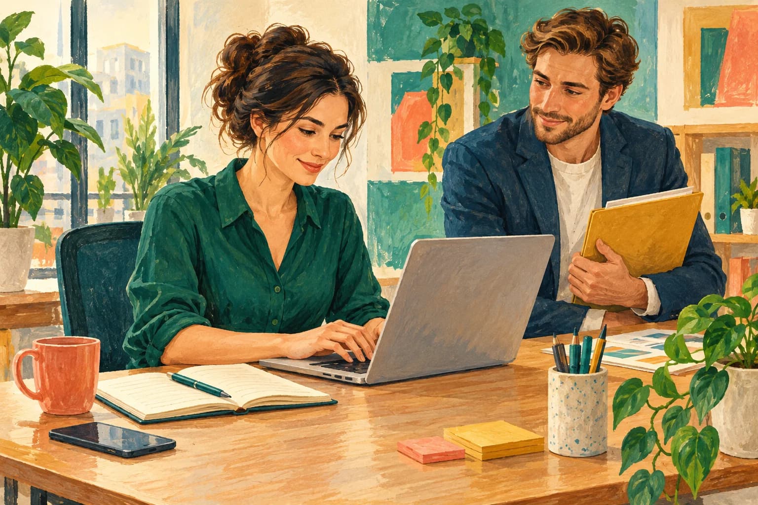 Gouache illustration of a woman composing an office email beside a notebook, with a male colleague holding a project folder across the desk.
