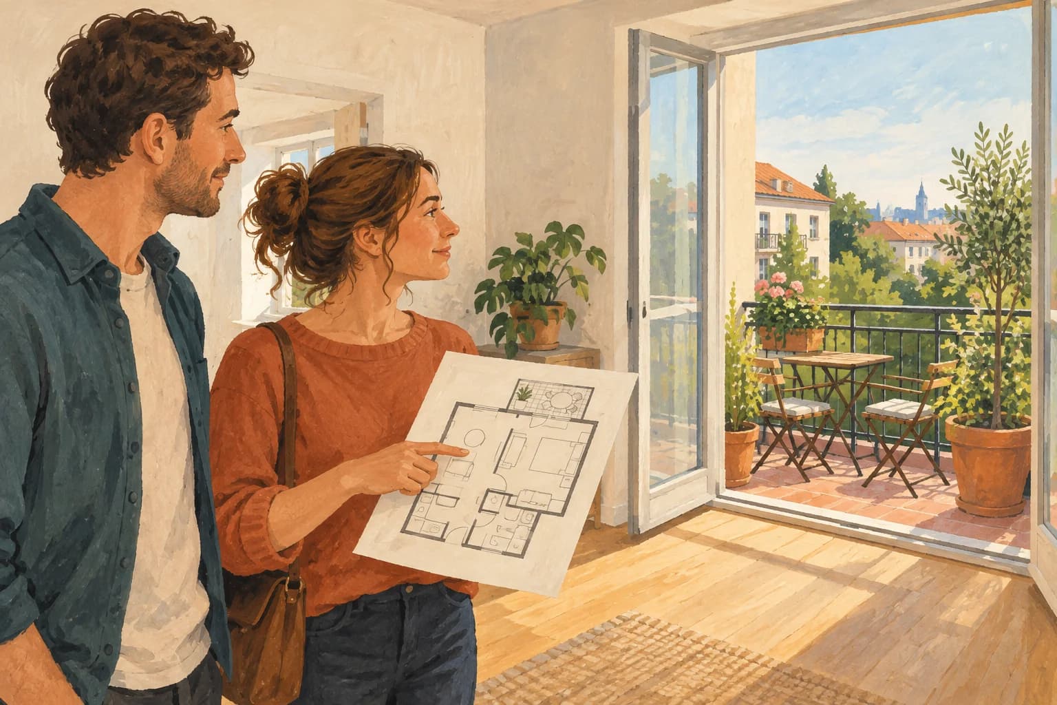 Two adults view a flat with a balcony while holding a simple floor plan.