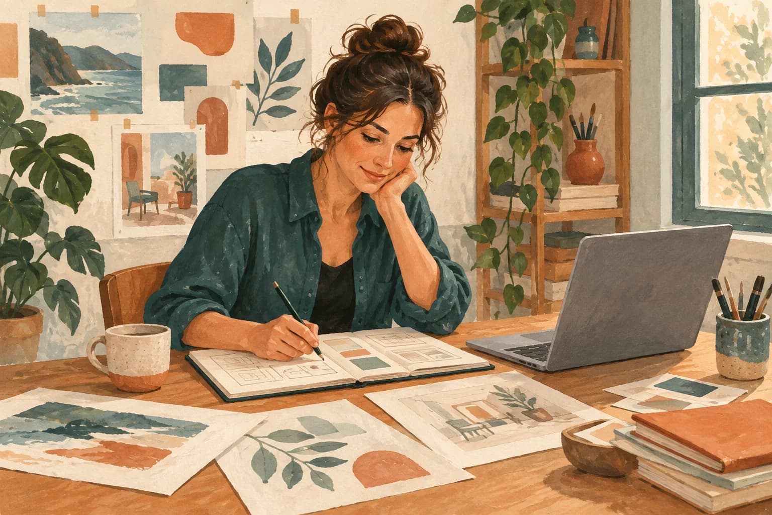 A freelance designer plans upcoming projects at a small studio desk with sketches and a laptop.