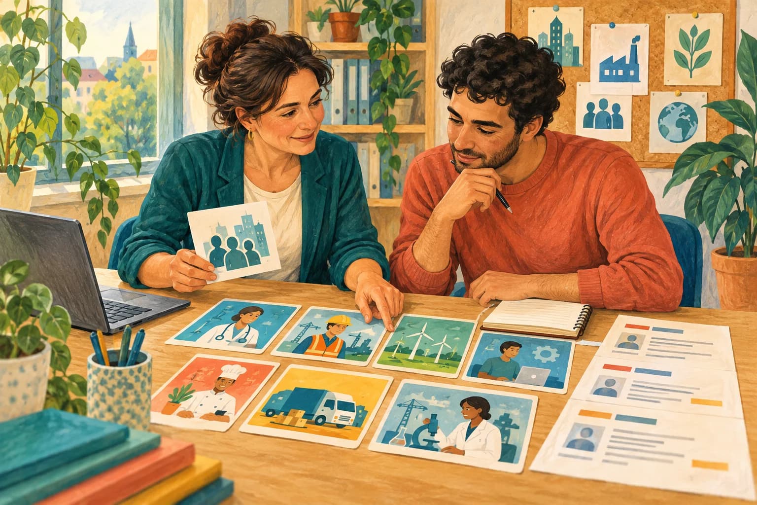 Gouache illustration of an adult adviser and a job seeker studying fictional industry cards and job listings at a quiet careers desk.