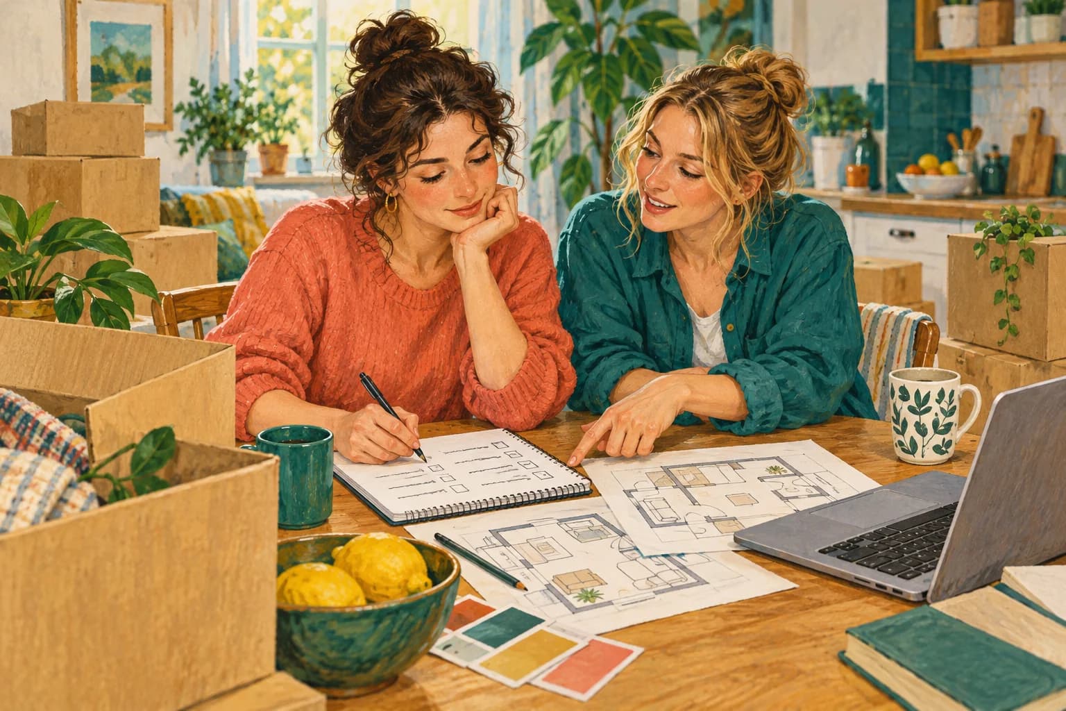 A woman sits at a kitchen table with a notebook and moving boxes while a friend helps her plan a move.