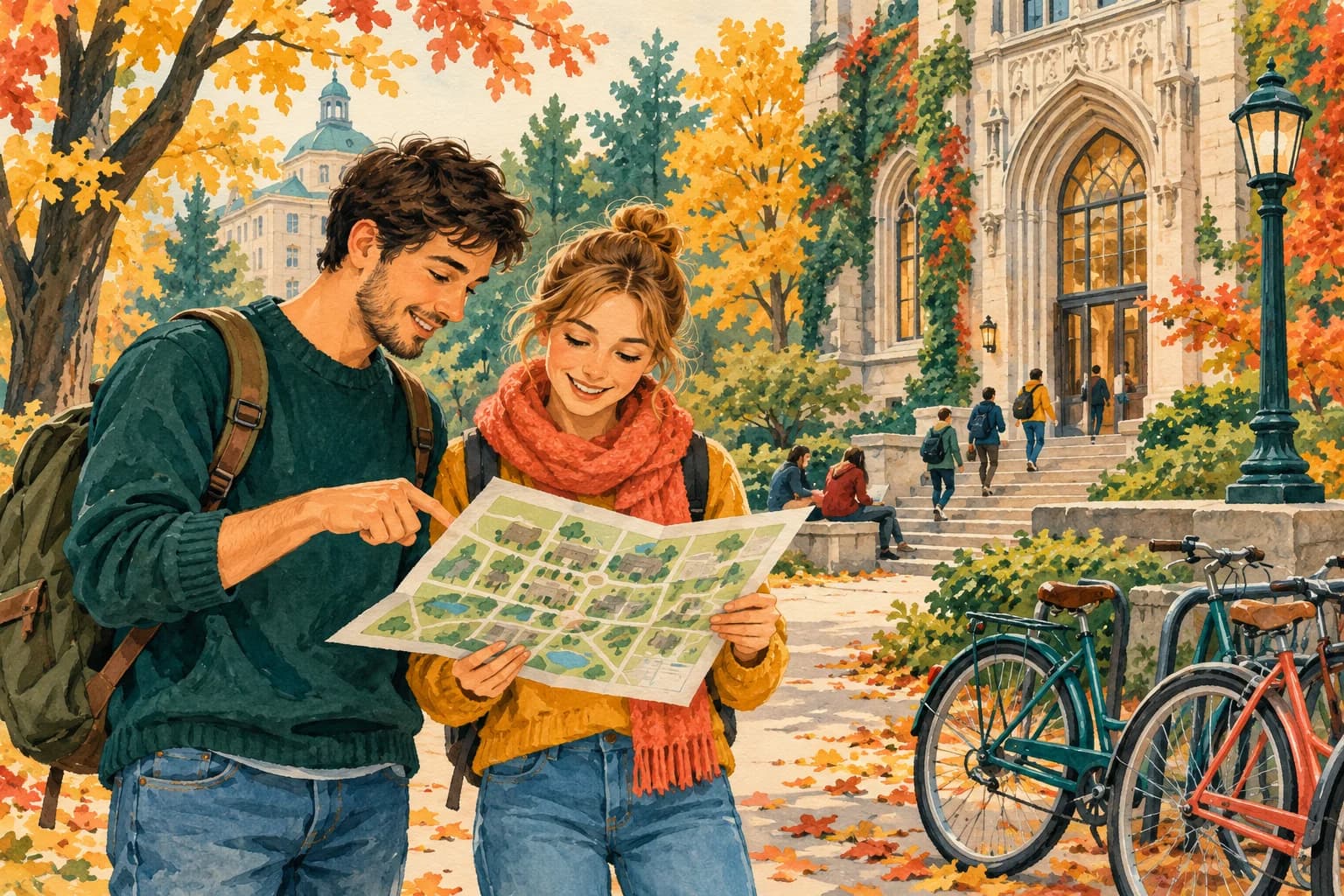 Gouache illustration of two students looking at a campus map beside a university library, with bicycles and autumn trees.
