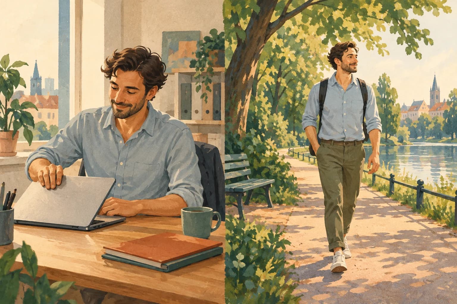 An employee closes a laptop and takes a walk in a park after a busy working day.