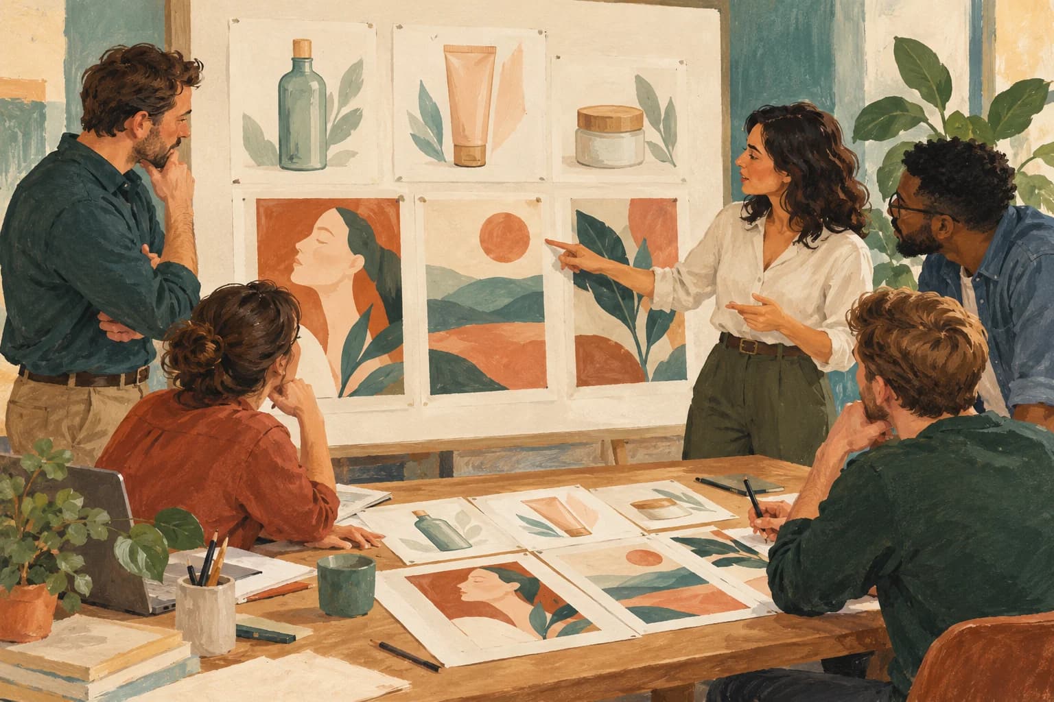A marketing team examines a campaign storyboard with unlabelled product sketches and poster layouts.