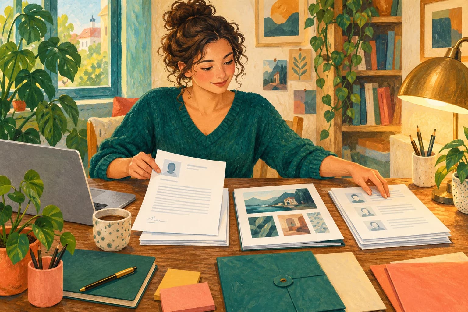Gouache illustration of a fictional applicant arranging a cover letter, a portfolio and reference documents on a desk beside a warm lamp, with no readable lettering.