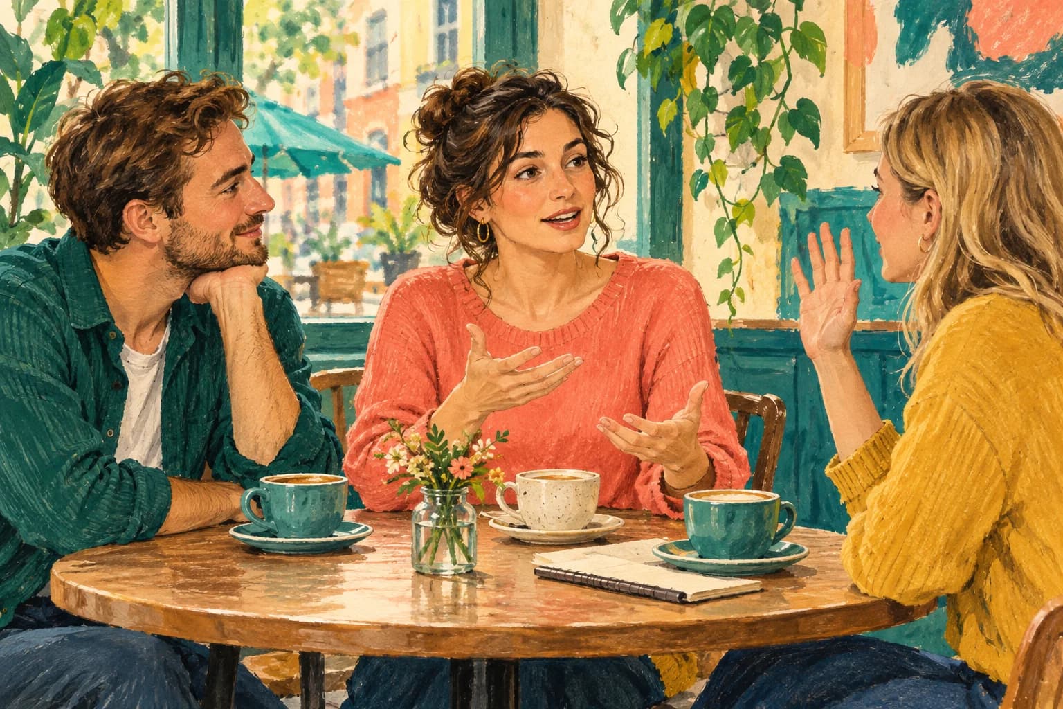 A woman speaks at a café table while a friend nods and a third person raises a hand.